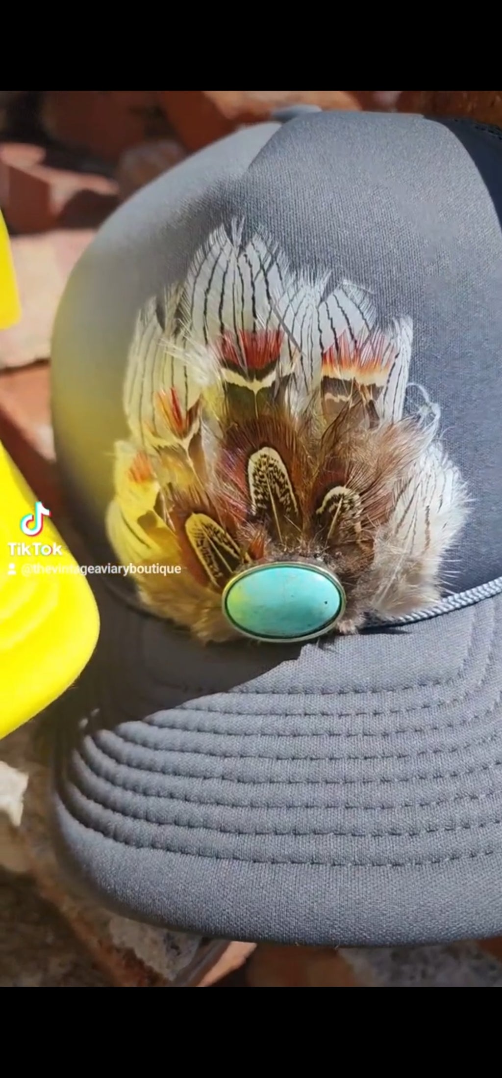 Gray and Turquoise Feathered Trucker