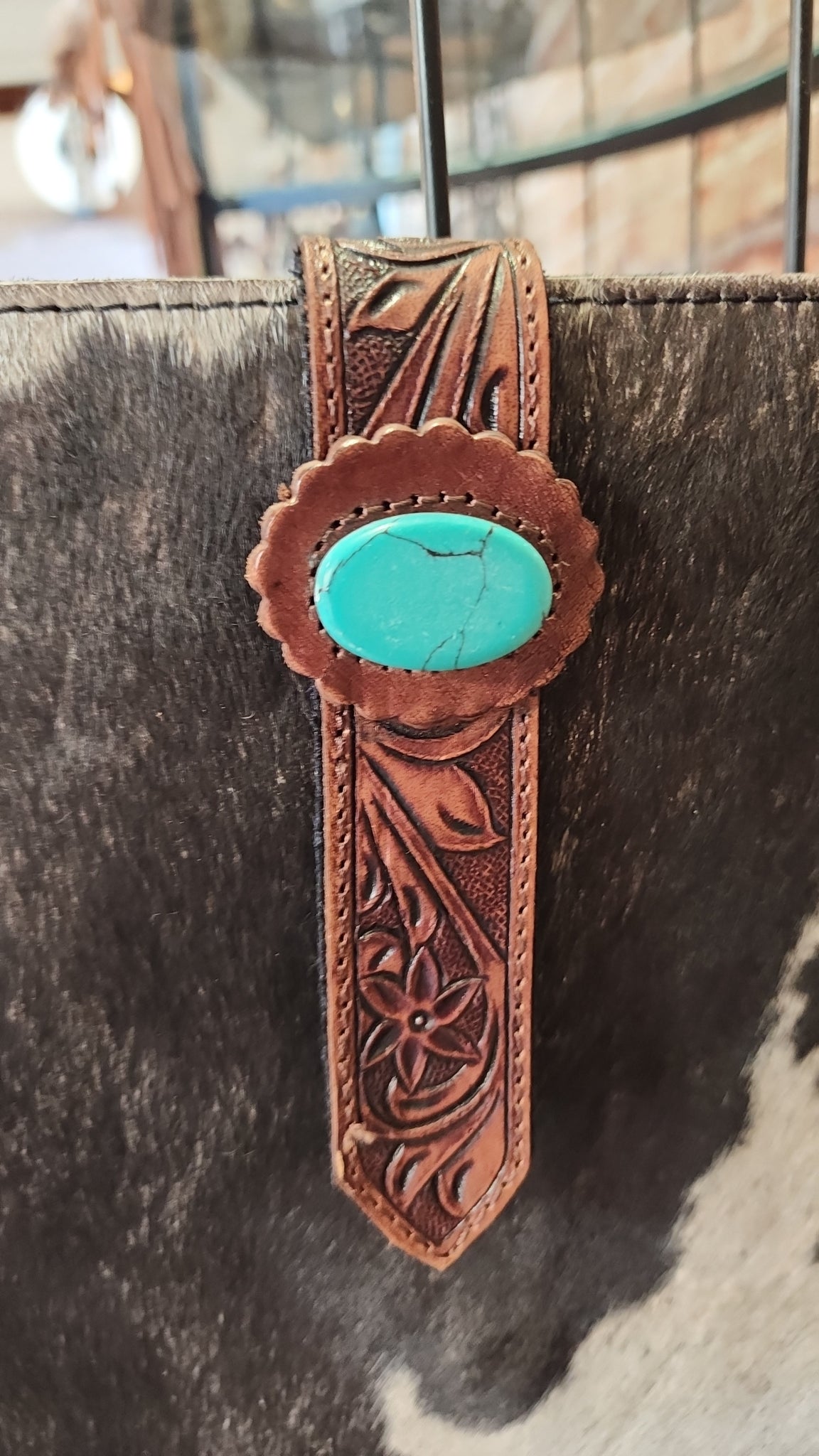 Turquoise and Hide Crossbody Bag with Magnetic Closure