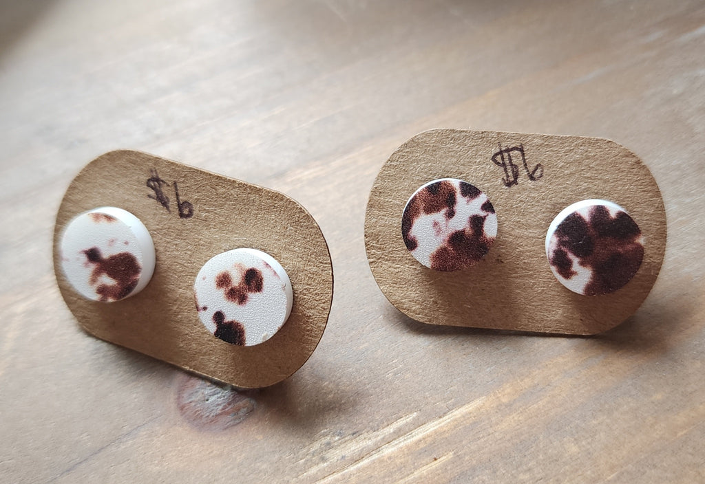 Brown and White Cow Print Studs