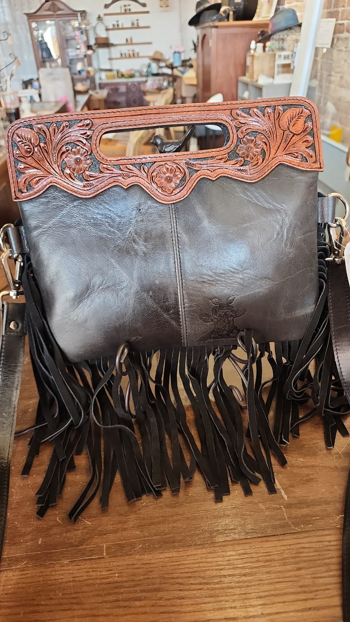 Brown Tooled Leather and Hide Crossbody Bag