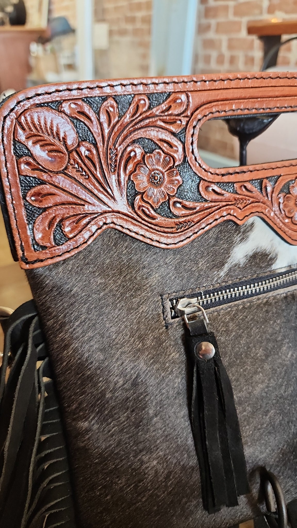 Brown Tooled Leather and Hide Crossbody Bag