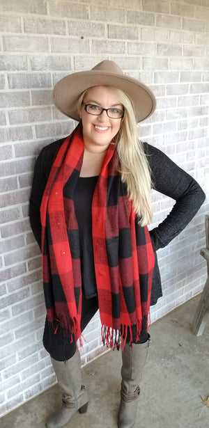 Red and Black Buffalo Check Button Down Scarf