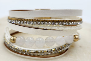 White Leather and Rhinestones Bracelet